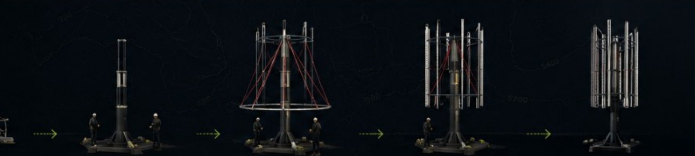 B16 wind turbine deployment sequence: raise the tower, install the rotor, connect, power on