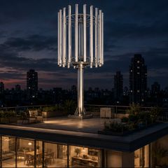 B16 rooftop wind turbine at dusk