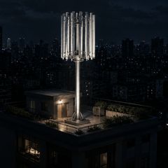 B16 rooftop wind turbine on a city building at night